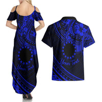 Kia Orana Cook Islands Couples Matching Summer Maxi Dress and Hawaiian Shirt Circle Stars With Floral Navy Blue Pattern LT01 - Polynesian Pride