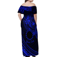 Kia Orana Cook Islands Off Shoulder Maxi Dress Circle Stars With Floral Navy Blue Pattern LT01 - Polynesian Pride