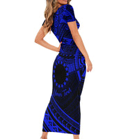 Kia Orana Cook Islands Short Sleeve Bodycon Dress Circle Stars With Floral Navy Blue Pattern LT01 - Polynesian Pride