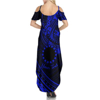 Kia Orana Cook Islands Summer Maxi Dress Circle Stars With Floral Navy Blue Pattern LT01 - Polynesian Pride