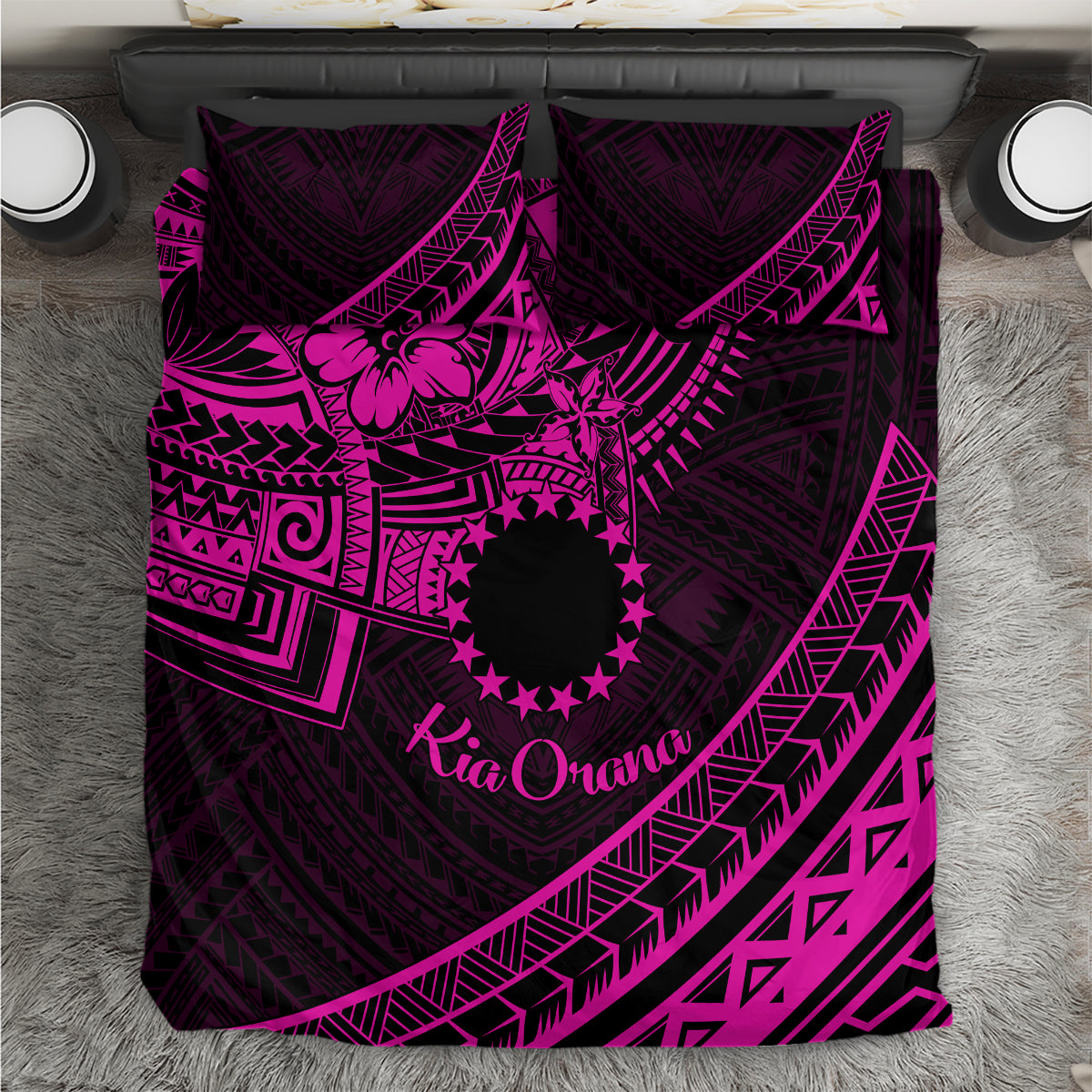 Kia Orana Cook Islands Bedding Set Circle Stars With Floral Pink Pattern LT01 Pink - Polynesian Pride