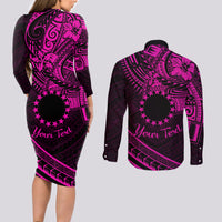 Kia Orana Cook Islands Couples Matching Long Sleeve Bodycon Dress and Long Sleeve Button Shirt Circle Stars With Floral Pink Pattern LT01 - Polynesian Pride