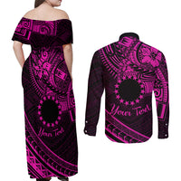 Kia Orana Cook Islands Couples Matching Off Shoulder Maxi Dress and Long Sleeve Button Shirt Circle Stars With Floral Pink Pattern LT01 - Polynesian Pride