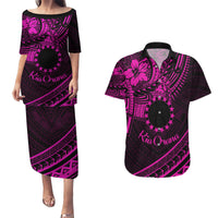 Kia Orana Cook Islands Couples Matching Puletasi Dress and Hawaiian Shirt Circle Stars With Floral Pink Pattern LT01 Pink - Polynesian Pride