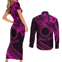 Kia Orana Cook Islands Couples Matching Short Sleeve Bodycon Dress and Long Sleeve Button Shirt Circle Stars With Floral Pink Pattern LT01 - Polynesian Pride
