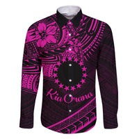 Kia Orana Cook Islands Family Matching Mermaid Dress and Hawaiian Shirt Circle Stars With Floral Pink Pattern LT01 Dad's Shirt - Long Sleeve Pink - Polynesian Pride