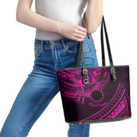Kia Orana Cook Islands Leather Tote Bag Circle Stars With Floral Pink Pattern LT01 - Polynesian Pride