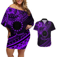 Kia Orana Cook Islands Couples Matching Off Shoulder Short Dress and Hawaiian Shirt Circle Stars With Floral Purple Pattern LT01 Purple - Polynesian Pride
