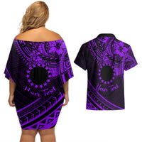 Kia Orana Cook Islands Couples Matching Off Shoulder Short Dress and Hawaiian Shirt Circle Stars With Floral Purple Pattern LT01 - Polynesian Pride