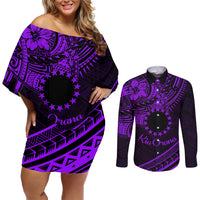 Kia Orana Cook Islands Couples Matching Off Shoulder Short Dress and Long Sleeve Button Shirt Circle Stars With Floral Purple Pattern LT01 Purple - Polynesian Pride