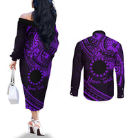 Kia Orana Cook Islands Couples Matching Off The Shoulder Long Sleeve Dress and Long Sleeve Button Shirt Circle Stars With Floral Purple Pattern LT01 - Polynesian Pride