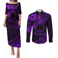 Kia Orana Cook Islands Couples Matching Puletasi Dress and Long Sleeve Button Shirt Circle Stars With Floral Purple Pattern LT01 Purple - Polynesian Pride