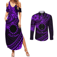 Kia Orana Cook Islands Couples Matching Summer Maxi Dress and Long Sleeve Button Shirt Circle Stars With Floral Purple Pattern LT01 Purple - Polynesian Pride