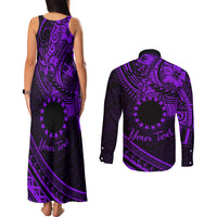 Kia Orana Cook Islands Couples Matching Tank Maxi Dress and Long Sleeve Button Shirt Circle Stars With Floral Purple Pattern LT01 - Polynesian Pride