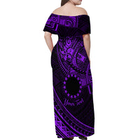 Kia Orana Cook Islands Off Shoulder Maxi Dress Circle Stars With Floral Purple Pattern LT01 - Polynesian Pride