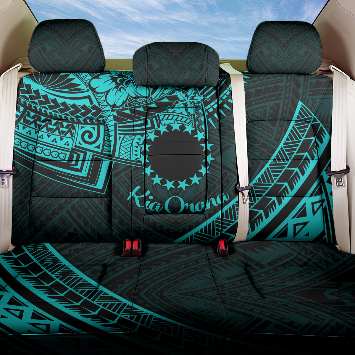 Kia Orana Cook Islands Back Car Seat Cover Circle Stars With Floral Turquoise Pattern LT01 One Size Turquoise - Polynesian Pride