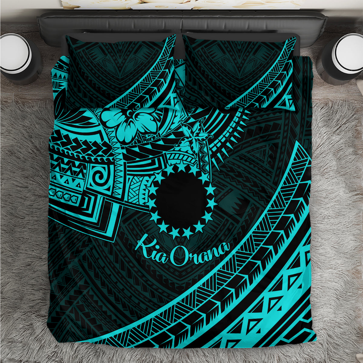 Kia Orana Cook Islands Bedding Set Circle Stars With Floral Turquoise Pattern LT01 Turquoise - Polynesian Pride
