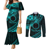 Kia Orana Cook Islands Couples Matching Mermaid Dress and Long Sleeve Button Shirt Circle Stars With Floral Turquoise Pattern LT01 Turquoise - Polynesian Pride