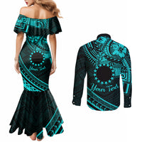 Kia Orana Cook Islands Couples Matching Mermaid Dress and Long Sleeve Button Shirt Circle Stars With Floral Turquoise Pattern LT01 - Polynesian Pride
