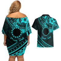 Kia Orana Cook Islands Couples Matching Off Shoulder Short Dress and Hawaiian Shirt Circle Stars With Floral Turquoise Pattern LT01 - Polynesian Pride