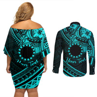 Kia Orana Cook Islands Couples Matching Off Shoulder Short Dress and Long Sleeve Button Shirt Circle Stars With Floral Turquoise Pattern LT01 - Polynesian Pride