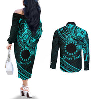 Kia Orana Cook Islands Couples Matching Off The Shoulder Long Sleeve Dress and Long Sleeve Button Shirt Circle Stars With Floral Turquoise Pattern LT01 - Polynesian Pride