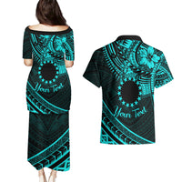 Kia Orana Cook Islands Couples Matching Puletasi Dress and Hawaiian Shirt Circle Stars With Floral Turquoise Pattern LT01 - Polynesian Pride
