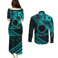 Kia Orana Cook Islands Couples Matching Puletasi Dress and Long Sleeve Button Shirt Circle Stars With Floral Turquoise Pattern LT01 - Polynesian Pride