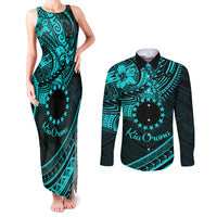 Kia Orana Cook Islands Couples Matching Tank Maxi Dress and Long Sleeve Button Shirt Circle Stars With Floral Turquoise Pattern LT01 Turquoise - Polynesian Pride