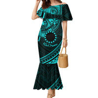 Kia Orana Cook Islands Family Matching Mermaid Dress and Hawaiian Shirt Circle Stars With Floral Turquoise Pattern LT01 Mom's Dress Turquoise - Polynesian Pride