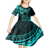 Kia Orana Cook Islands Kid Short Sleeve Dress Circle Stars With Floral Turquoise Pattern LT01 - Polynesian Pride