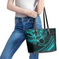 Kia Orana Cook Islands Leather Tote Bag Circle Stars With Floral Turquoise Pattern LT01 - Polynesian Pride