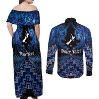 Personalised Aotearoa Matariki Couples Matching Off Shoulder Maxi Dress and Long Sleeve Button Shirt Blue Fern Maori Poutama