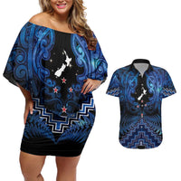 Personalised Aotearoa Matariki Couples Matching Off Shoulder Short Dress and Hawaiian Shirt Blue Fern Maori Poutama
