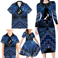 Personalised Aotearoa Matariki Family Matching Long Sleeve Bodycon Dress and Hawaiian Shirt Blue Fern Maori Poutama