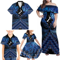 Personalised Aotearoa Matariki Family Matching Off Shoulder Maxi Dress and Hawaiian Shirt Blue Fern Maori Poutama