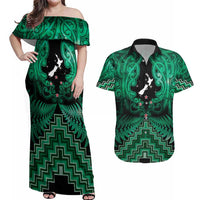 Personalised Aotearoa Matariki Couples Matching Off Shoulder Maxi Dress and Hawaiian Shirt Green Fern Maori Poutama