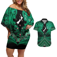 Personalised Aotearoa Matariki Couples Matching Off Shoulder Short Dress and Hawaiian Shirt Green Fern Maori Poutama