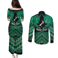 Personalised Aotearoa Matariki Couples Matching Puletasi and Long Sleeve Button Shirt Green Fern Maori Poutama