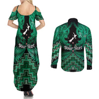 Personalised Aotearoa Matariki Couples Matching Summer Maxi Dress and Long Sleeve Button Shirt Green Fern Maori Poutama