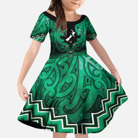 Personalised Aotearoa Matariki Family Matching Off Shoulder Maxi Dress and Hawaiian Shirt Green Fern Maori Poutama