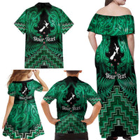 Personalised Aotearoa Matariki Family Matching Off Shoulder Maxi Dress and Hawaiian Shirt Green Fern Maori Poutama
