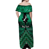 Personalised Aotearoa Matariki Family Matching Off Shoulder Maxi Dress and Hawaiian Shirt Green Fern Maori Poutama