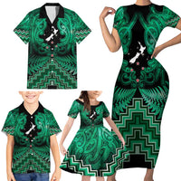 Personalised Aotearoa Matariki Family Matching Short Sleeve Bodycon Dress and Hawaiian Shirt Green Fern Maori Poutama