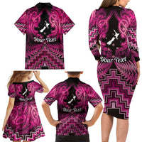 Personalised Aotearoa Matariki Family Matching Long Sleeve Bodycon Dress and Hawaiian Shirt Pink Fern Maori Poutama