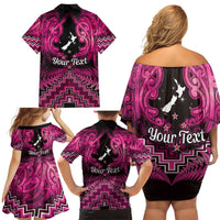 Personalised Aotearoa Matariki Family Matching Off Shoulder Short Dress and Hawaiian Shirt Pink Fern Maori Poutama