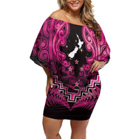 Personalised Aotearoa Matariki Family Matching Off Shoulder Short Dress and Hawaiian Shirt Pink Fern Maori Poutama
