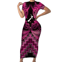 Personalised Aotearoa Matariki Family Matching Short Sleeve Bodycon Dress and Hawaiian Shirt Pink Fern Maori Poutama