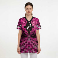 Personalised Aotearoa Matariki Scrub Top Pink Fern Maori Poutama - Polynesian Pride
