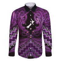 Personalised Aotearoa Matariki Family Matching Long Sleeve Bodycon Dress and Hawaiian Shirt Purple Fern Maori Poutama